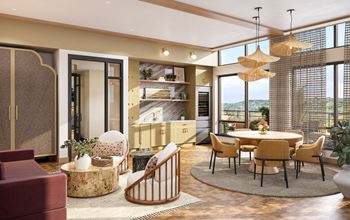 a living room and dining room with a table and chairs at Lilia, Lilydale, 55118